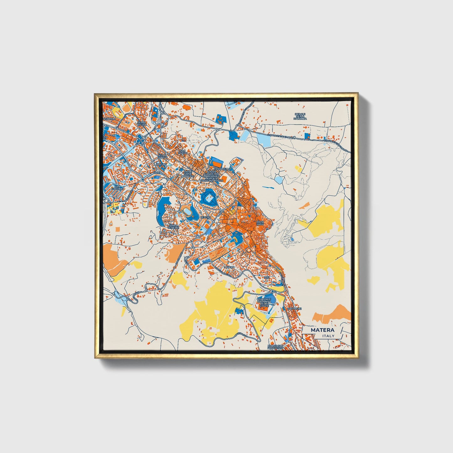 Matera Italy Colorful City Map Canvas Print • Gold Framed