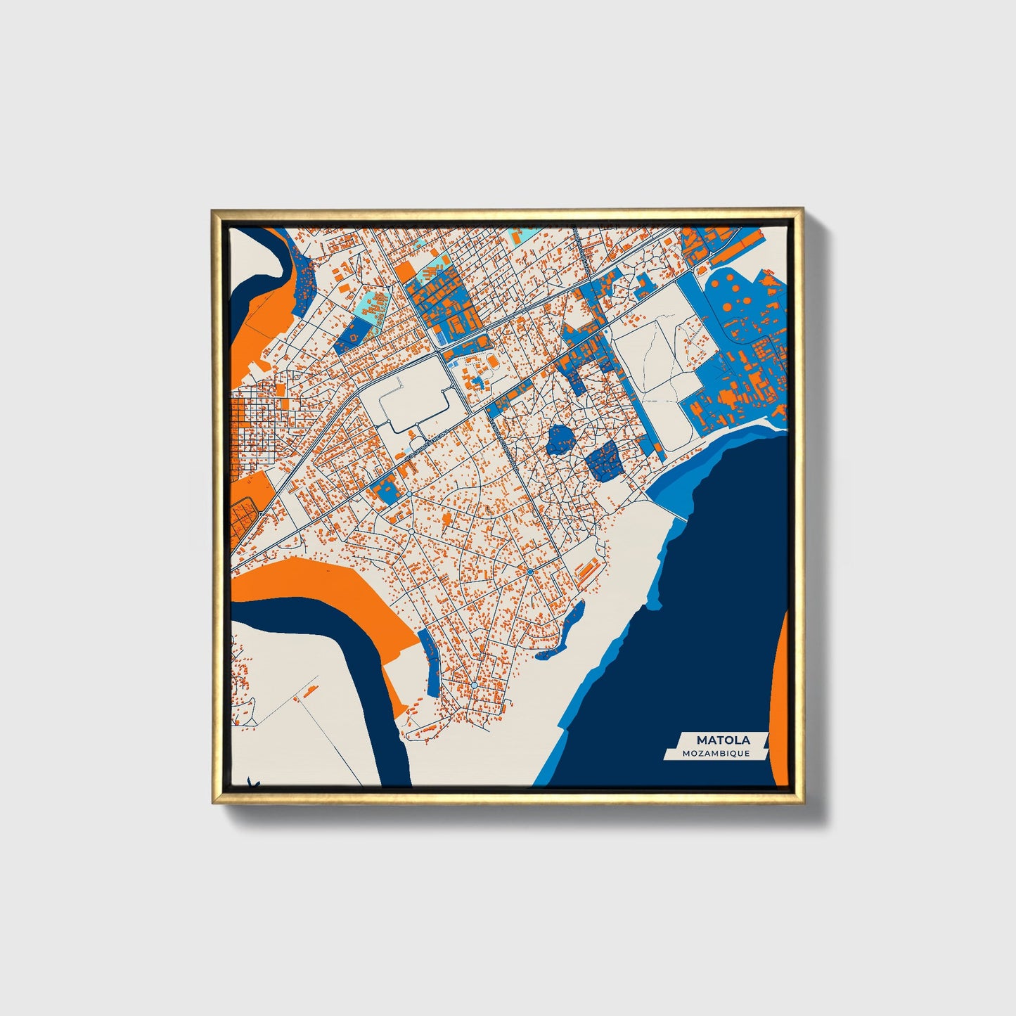 Matola Mozambique Colorful City Map Canvas Print • Gold Framed