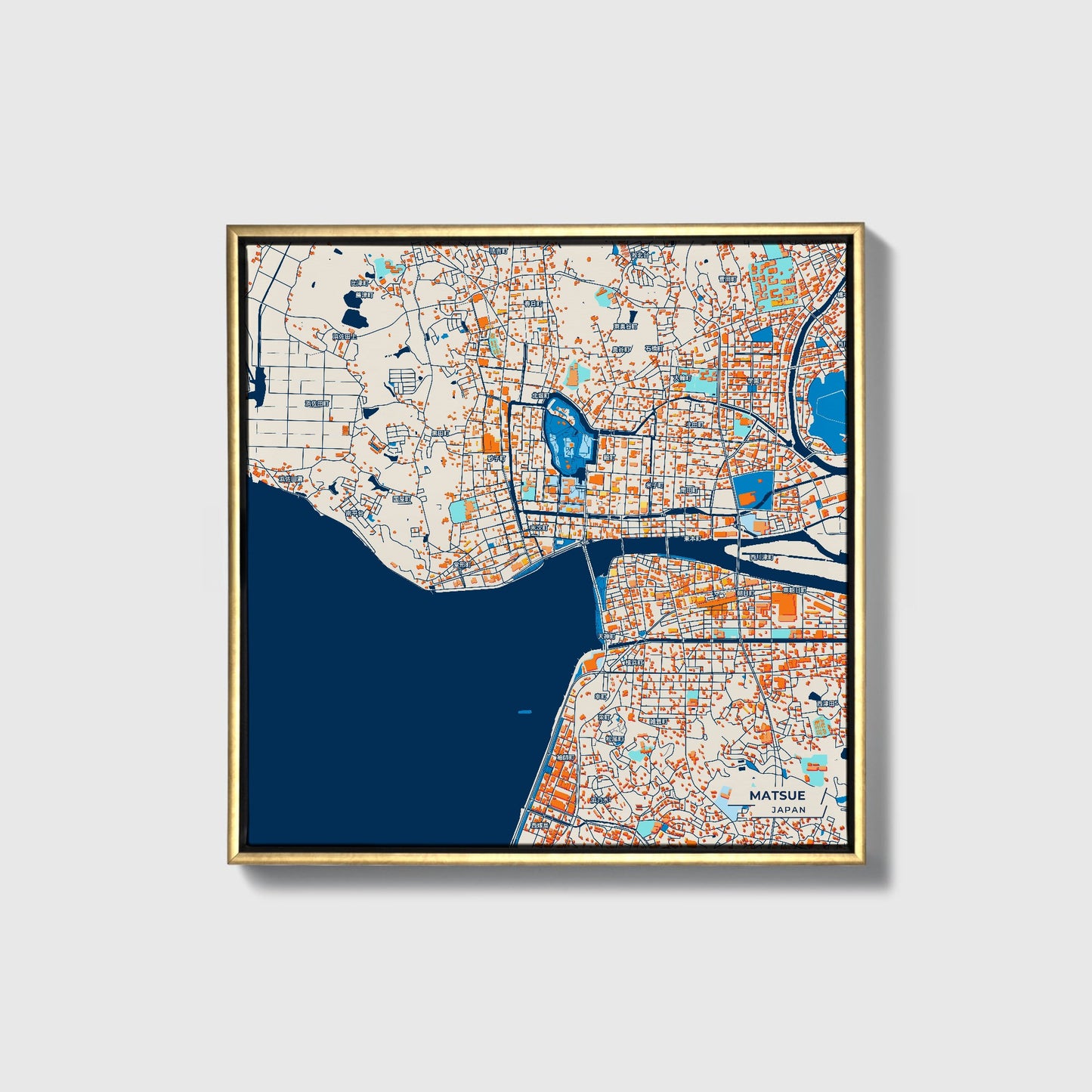 Matsue Japan Colorful City Map Canvas Print • Gold Framed