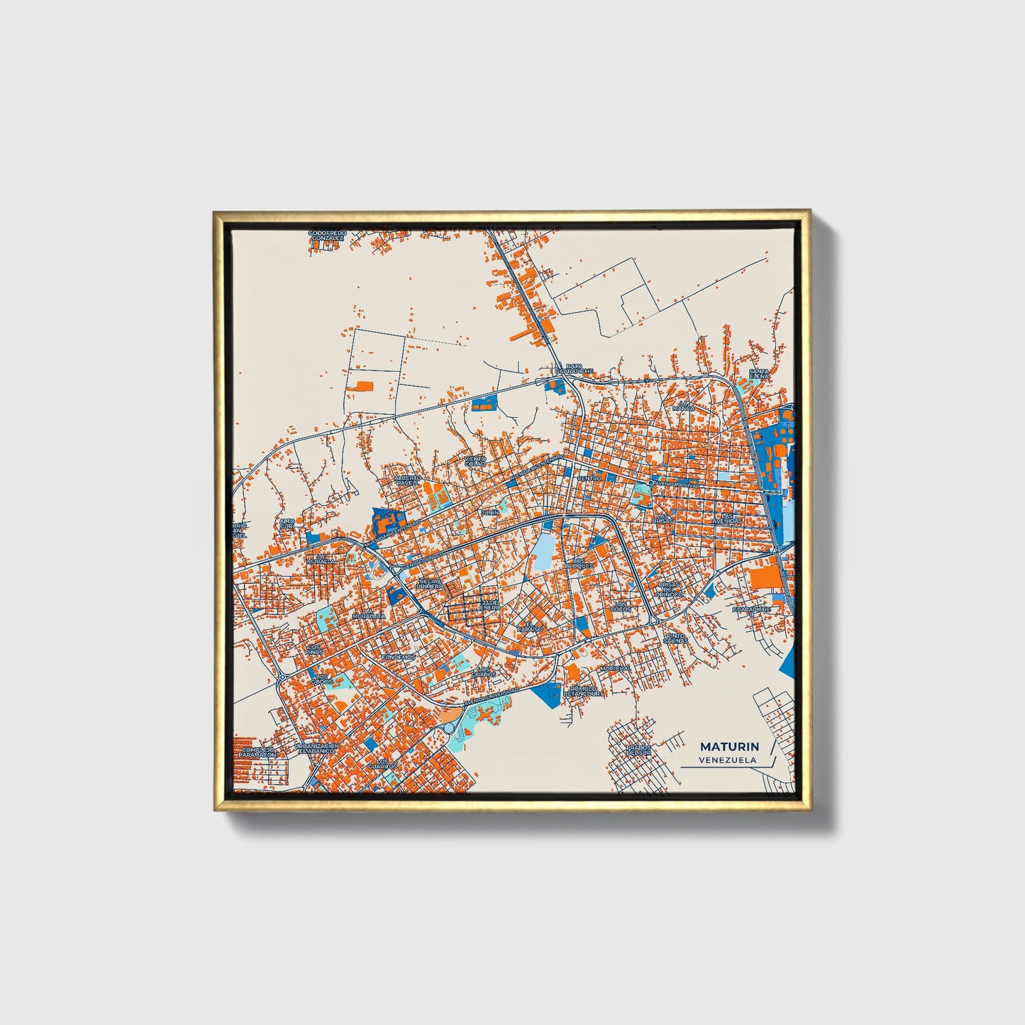 Maturin Venezuela Colorful City Map Canvas Print • Gold Framed