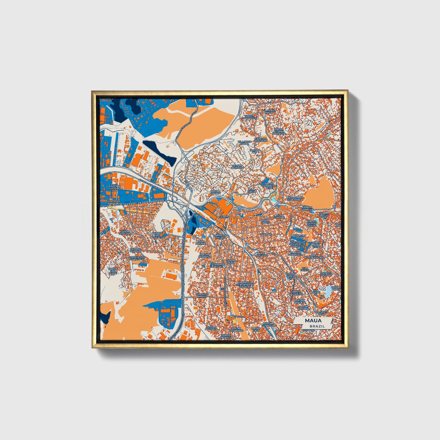 Maua Brazil Colorful City Map Canvas Print • Gold Framed