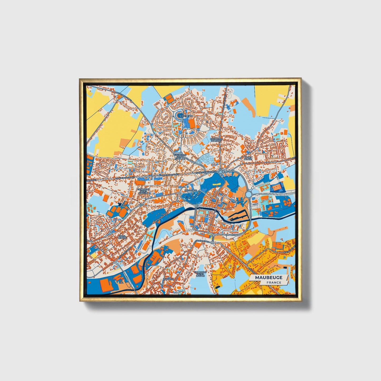 Maubeuge France Colorful City Map Canvas Print • Gold Framed