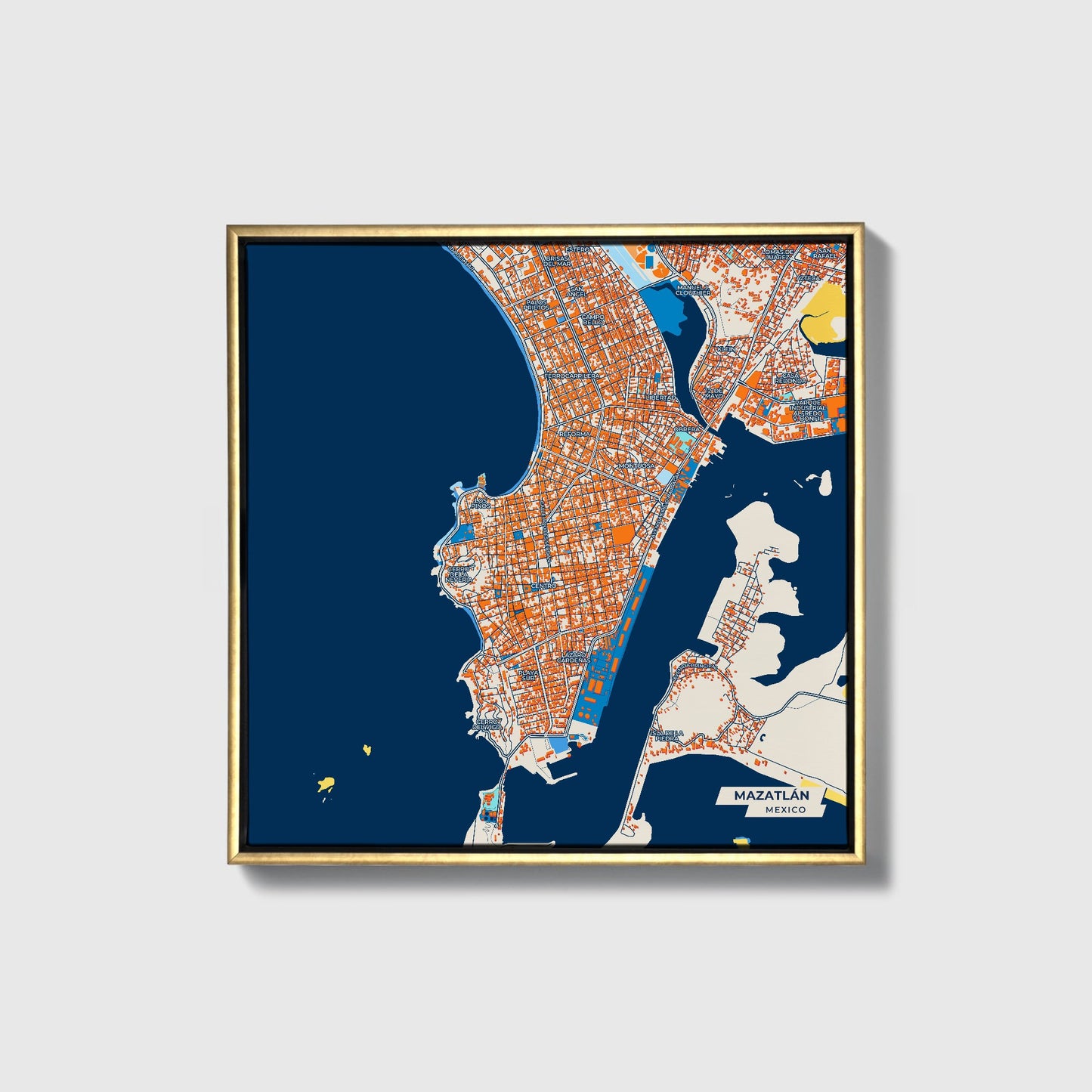 Mazatlán Mexico Colorful City Map Canvas Print • Gold Framed