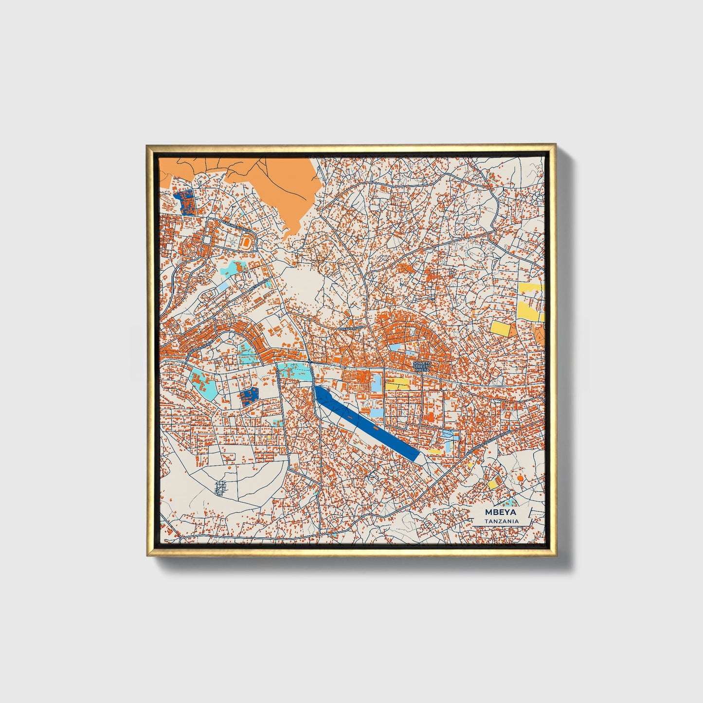 Mbeya Tanzania Colorful City Map Canvas Print • Gold Framed