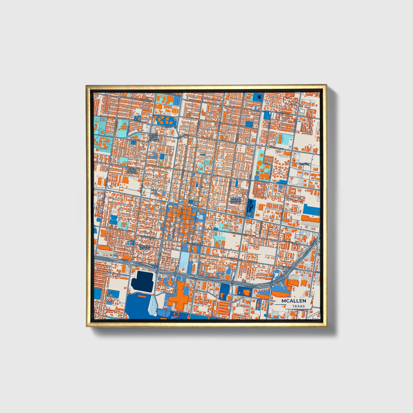 Mcallen Texas Colorful City Map Canvas Print • Gold Framed