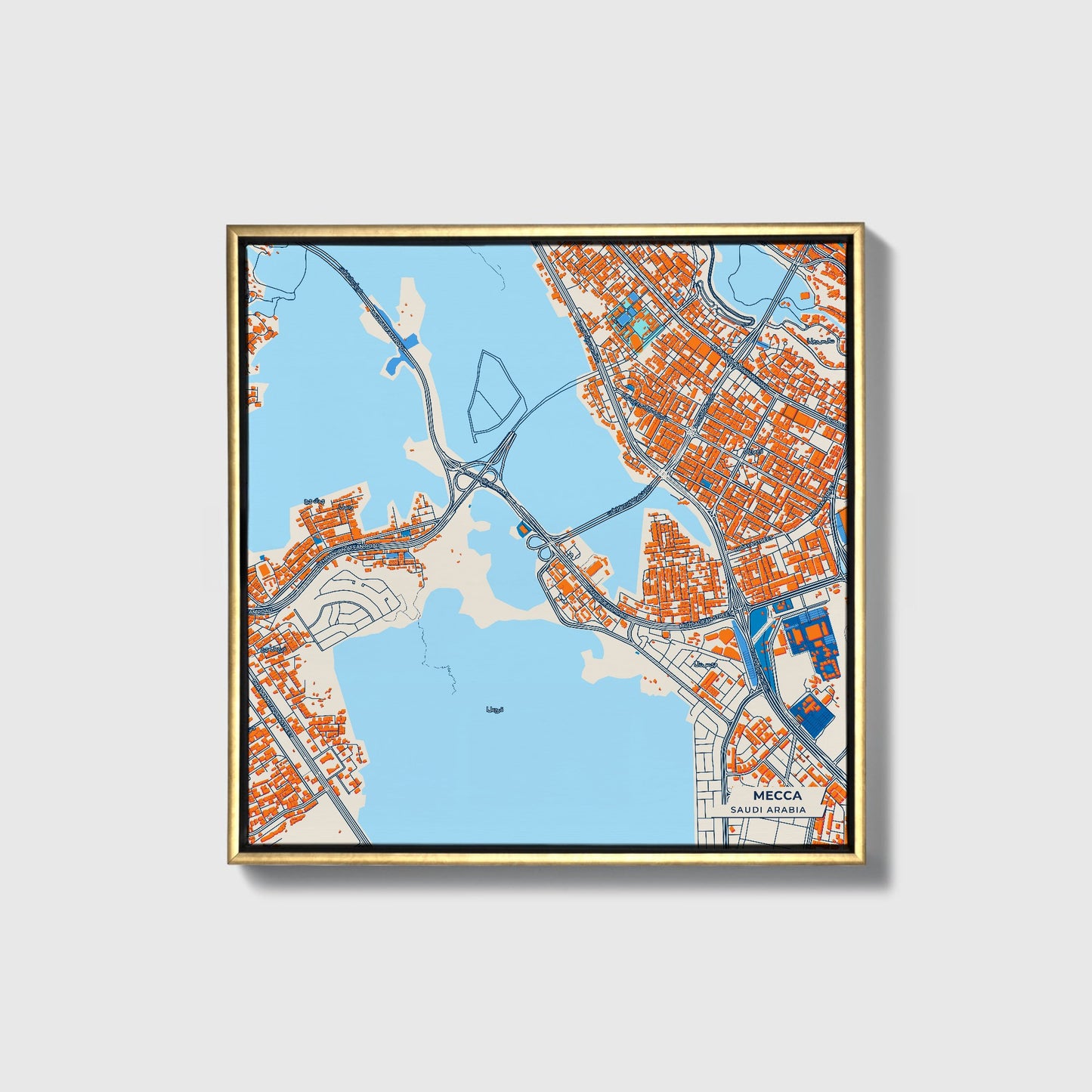 Mecca Saudi Arabia Colorful City Map Canvas Print • Gold Framed