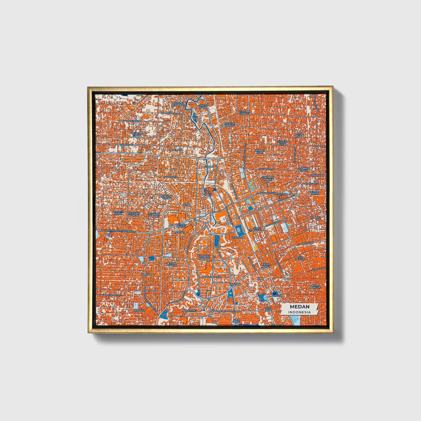 Medan Indonesia Colorful City Map Canvas Print • Gold Framed