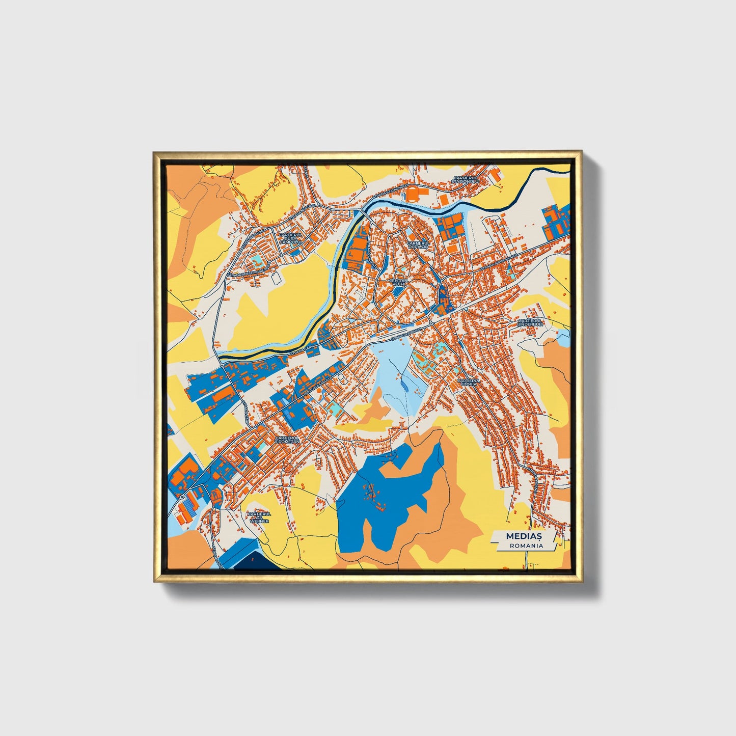 Mediaș Romania Colorful City Map Canvas Print • Gold Framed