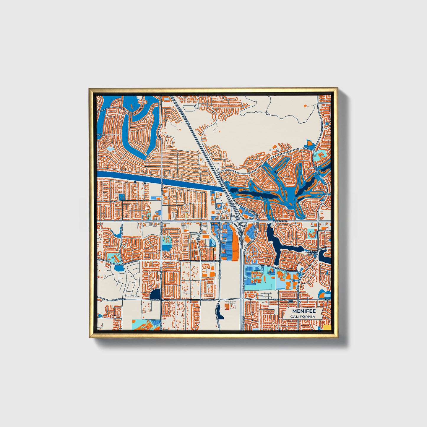 Menifee California Colorful City Map Canvas Print • Gold Framed