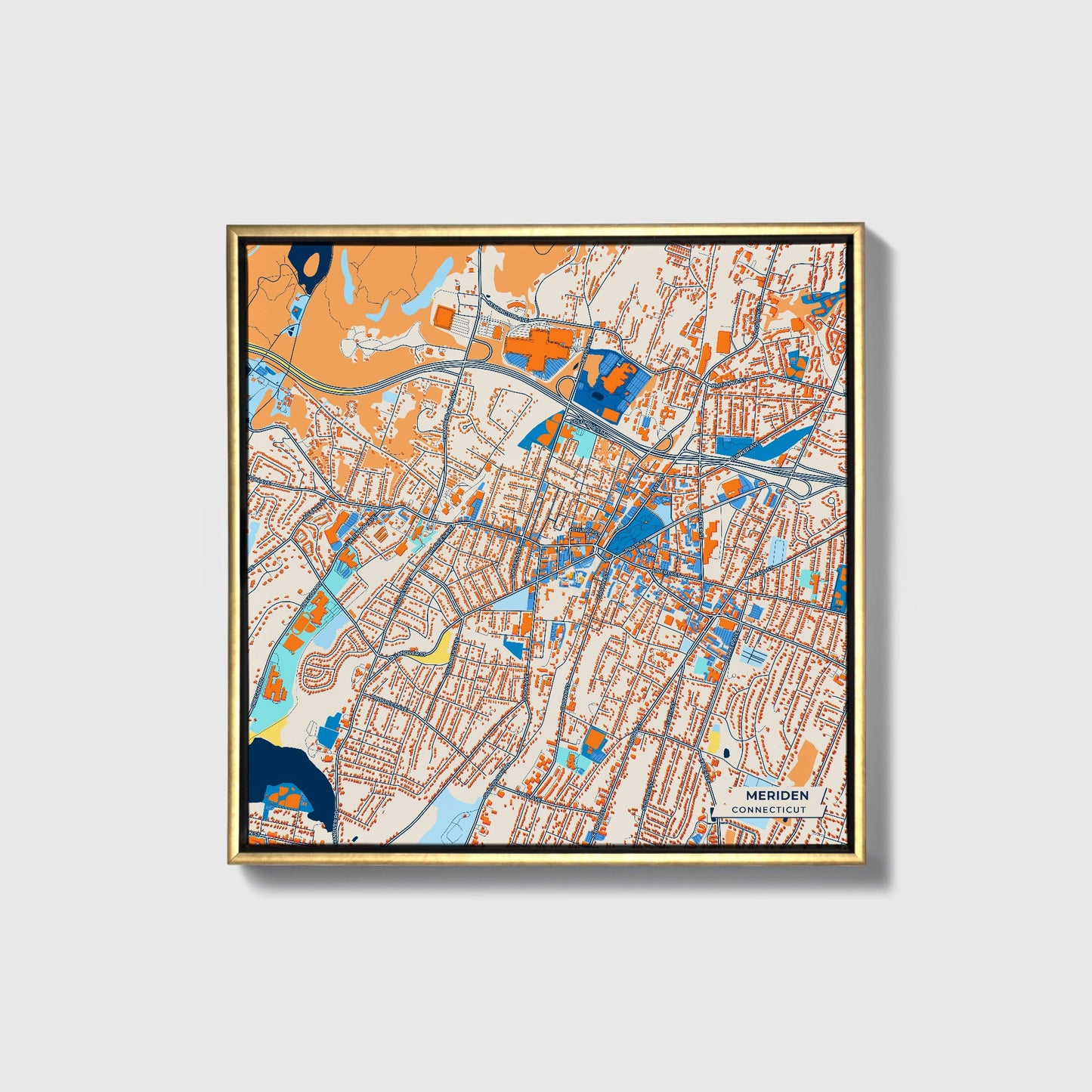Meriden Connecticut Colorful City Map Canvas Print • Gold Framed