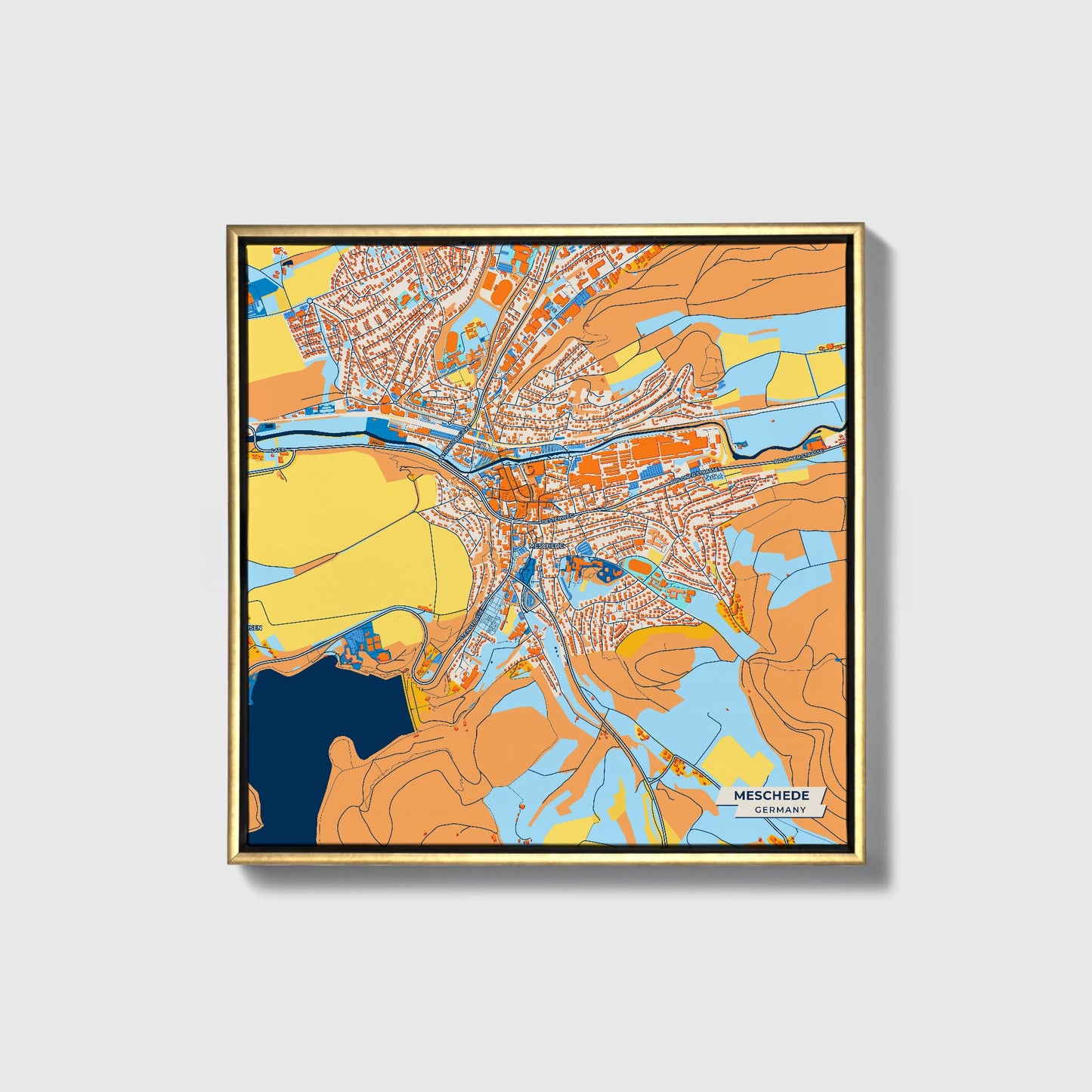 Meschede Germany Colorful City Map Canvas Print • Gold Framed
