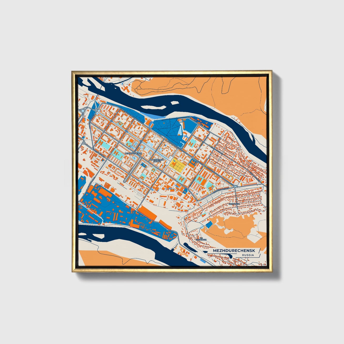 Междуреченск Russia Colorful City Map Canvas Print • Gold Framed