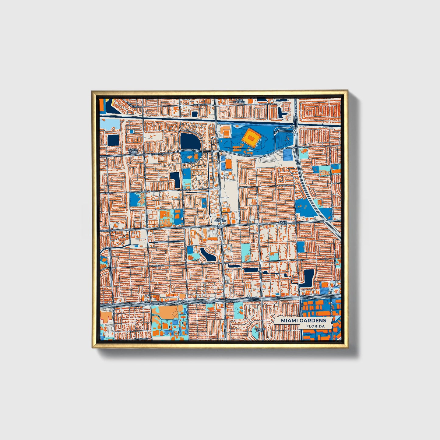 Miami Gardens Florida Colorful City Map Canvas Print • Gold Framed