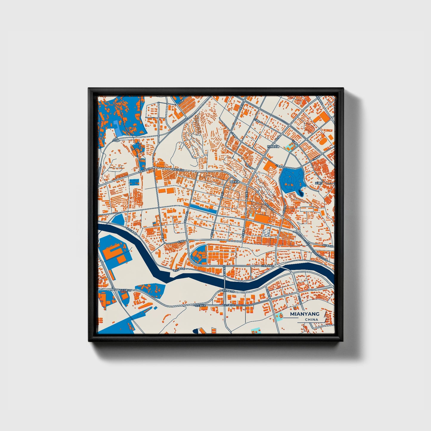 Mianyang China Colorful City Map Canvas Print • Black Framed