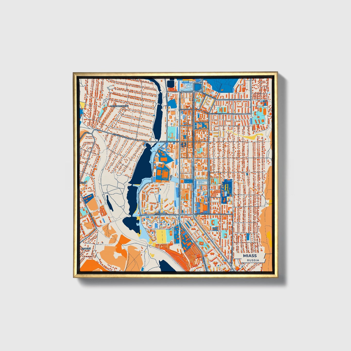 Миасский Russia Colorful City Map Canvas Print • Gold Framed