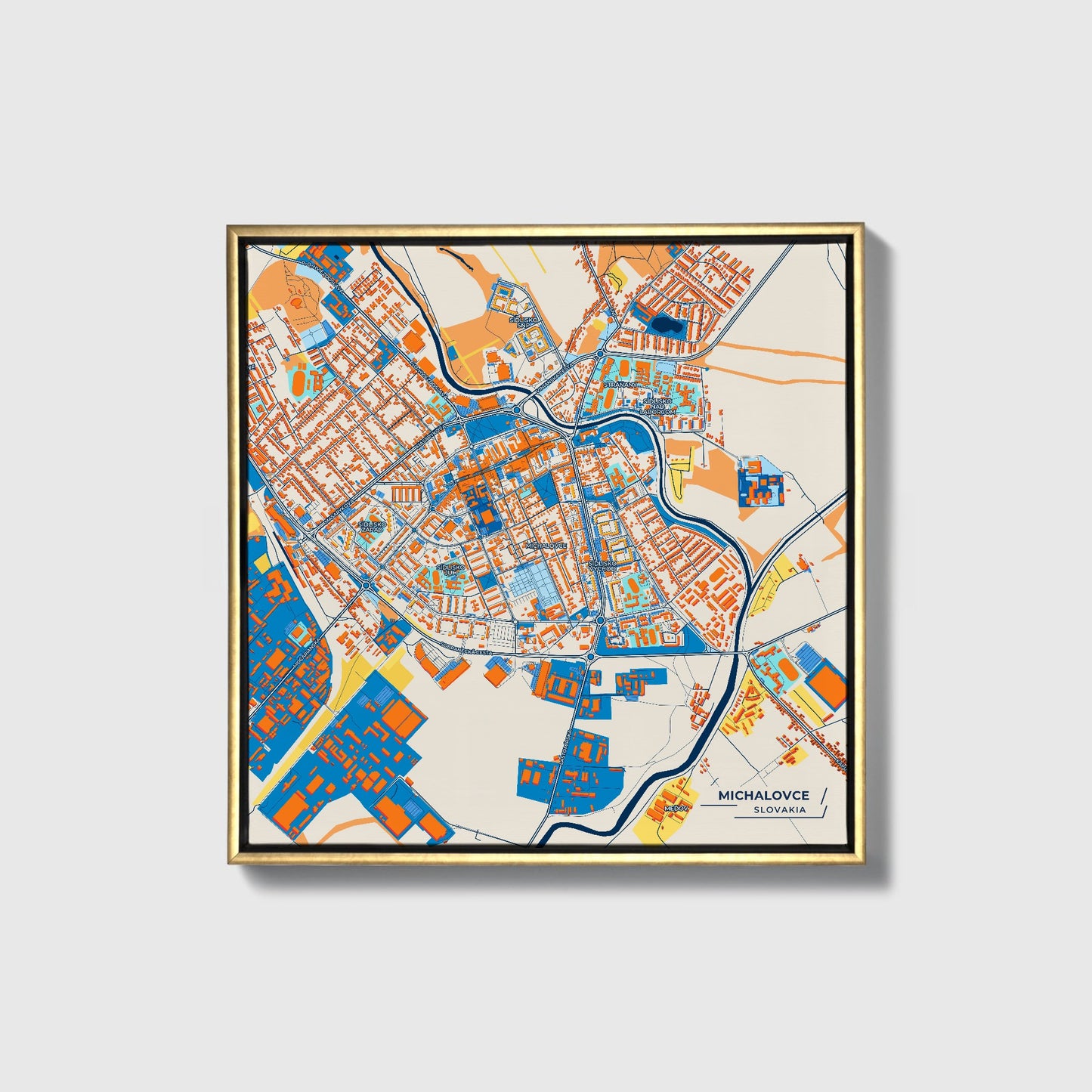 Michalovce Slovakia Colorful City Map Canvas Print • Gold Framed