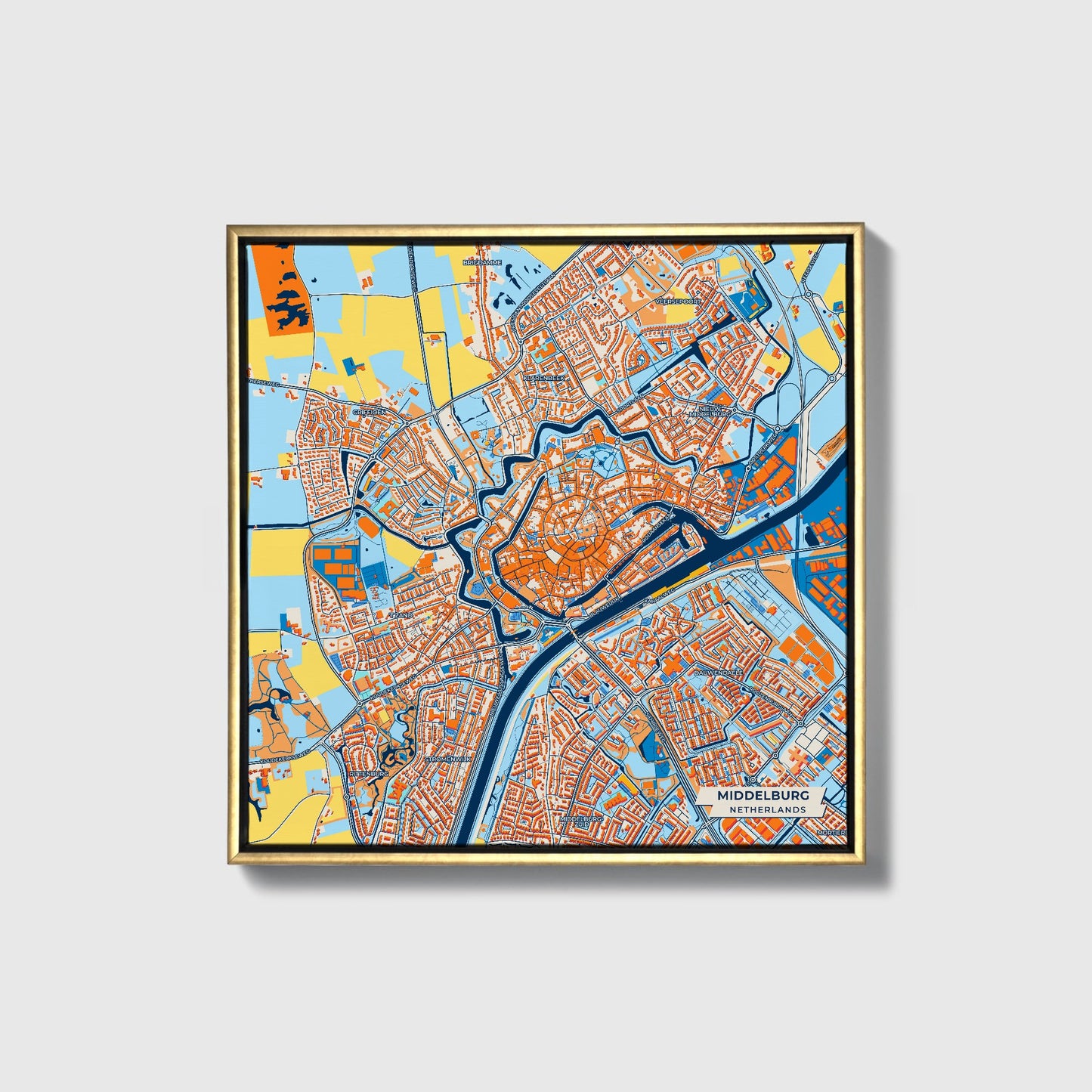 Middelburg Netherlands Colorful City Map Canvas Print • Gold Framed
