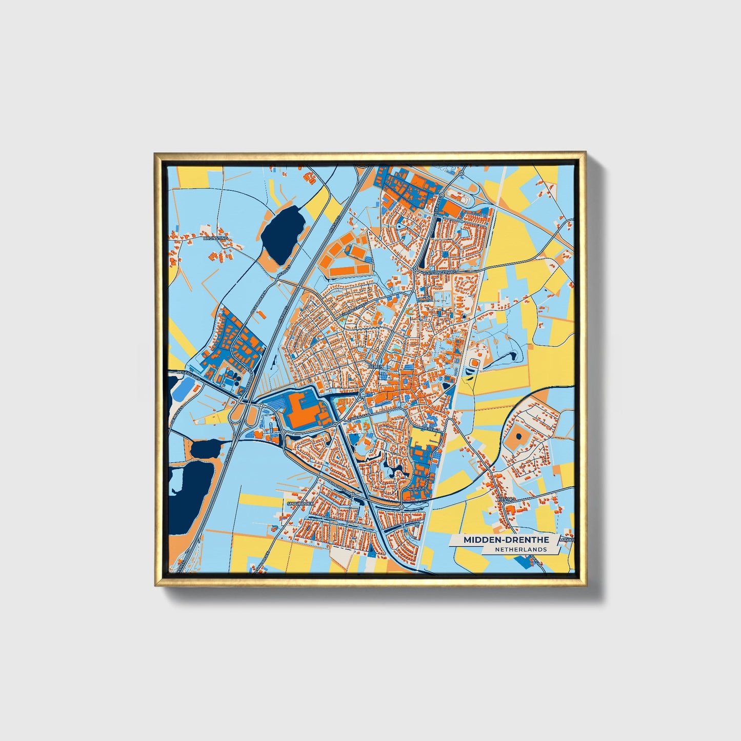 Midden-Drenthe Netherlands Colorful City Map Canvas Print • Gold Framed