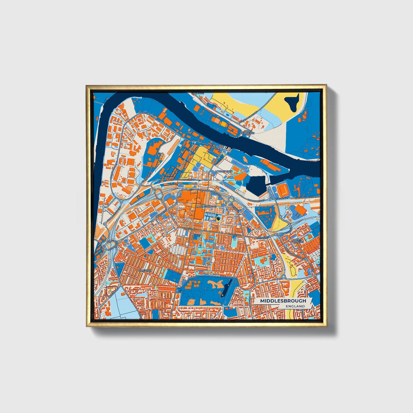 Middlesbrough England Colorful City Map Canvas Print • Gold Framed