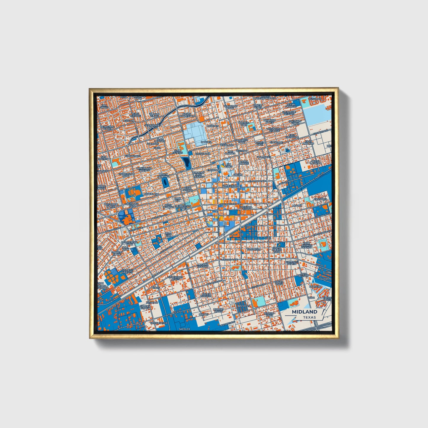 Midland Texas Colorful City Map Canvas Print • Gold Framed
