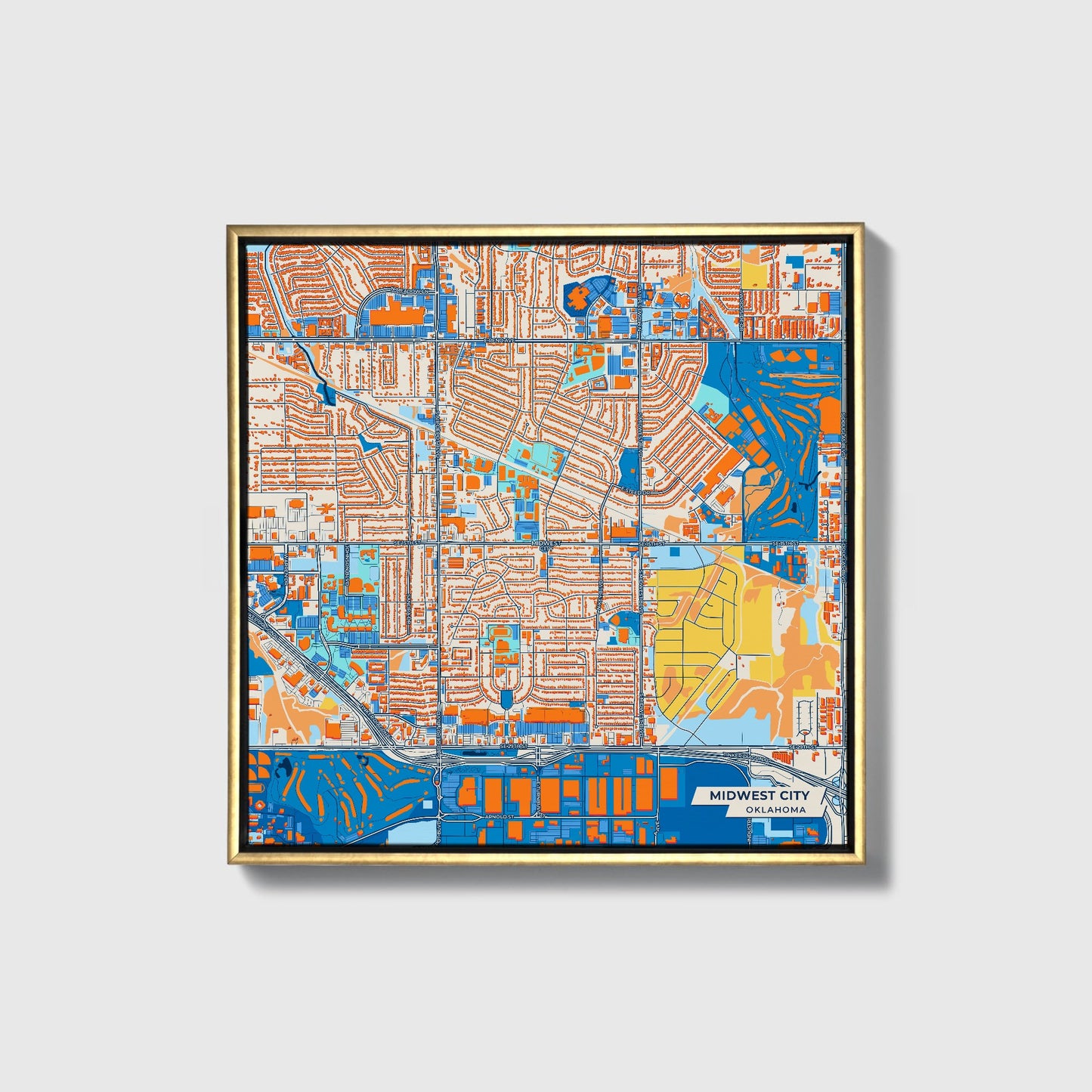 Midwest City Oklahoma Colorful City Map Canvas Print • Gold Framed