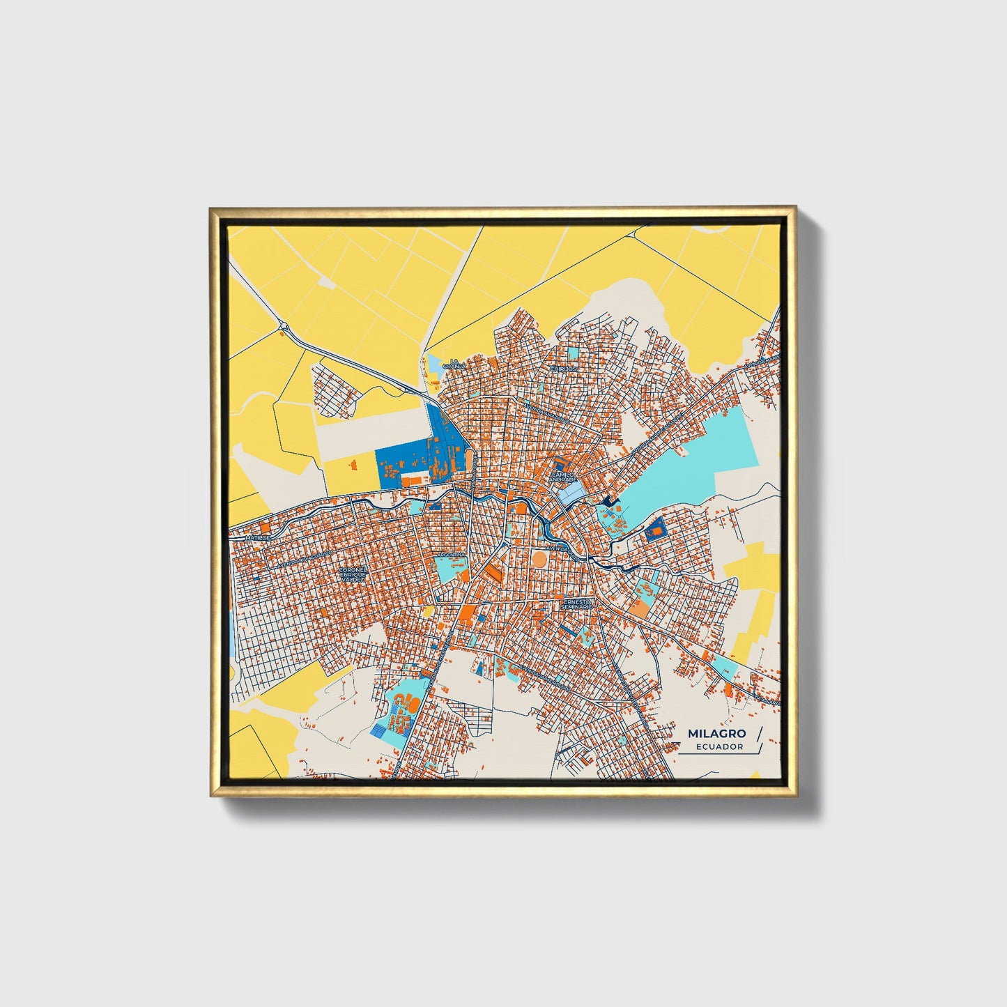 Milagro Ecuador Colorful City Map Canvas Print • Gold Framed