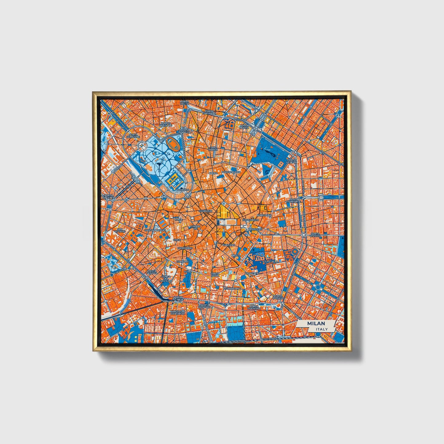 Milano Italy Colorful City Map Canvas Print • Gold Framed