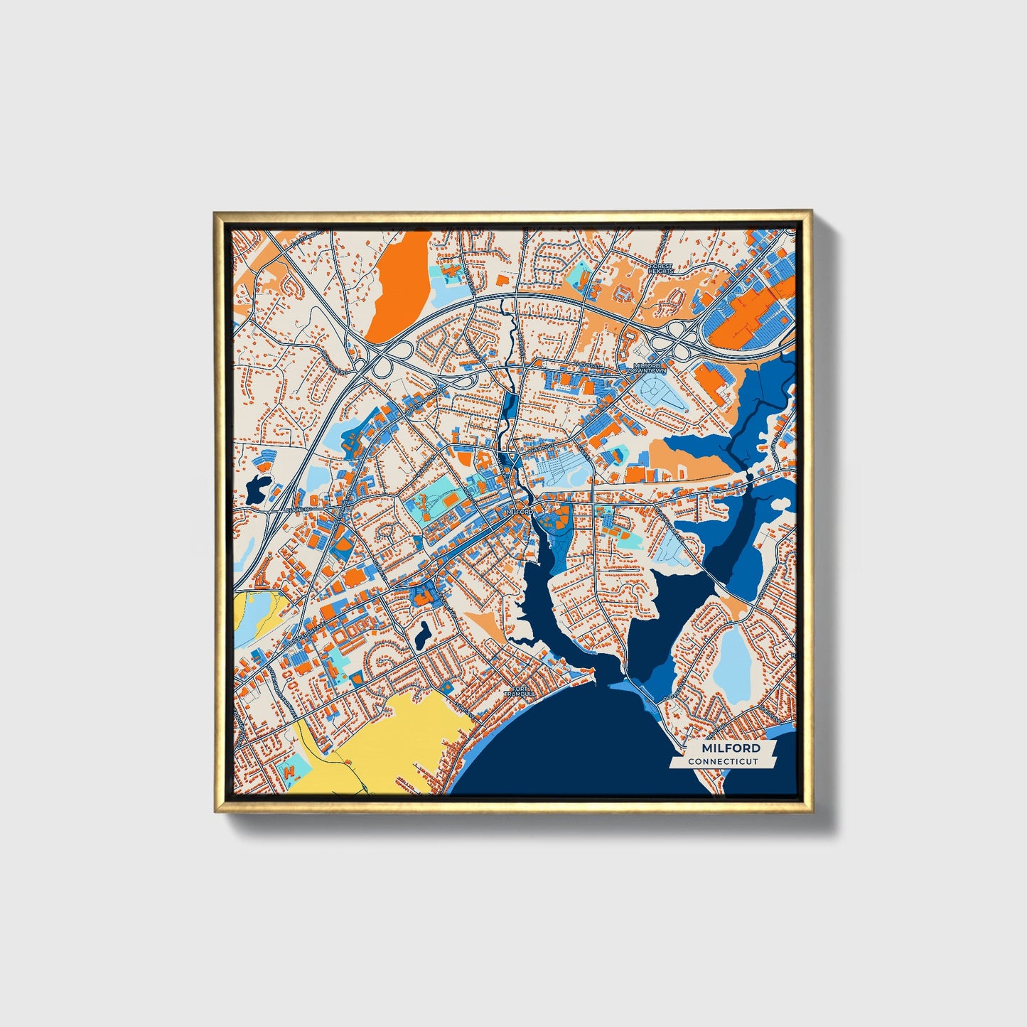 Milford Connecticut Colorful City Map Canvas Print • Gold Framed