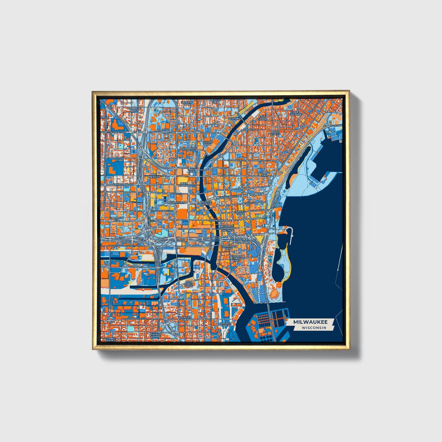 Milwaukee Wisconsin Colorful City Map Canvas Print • Gold Framed