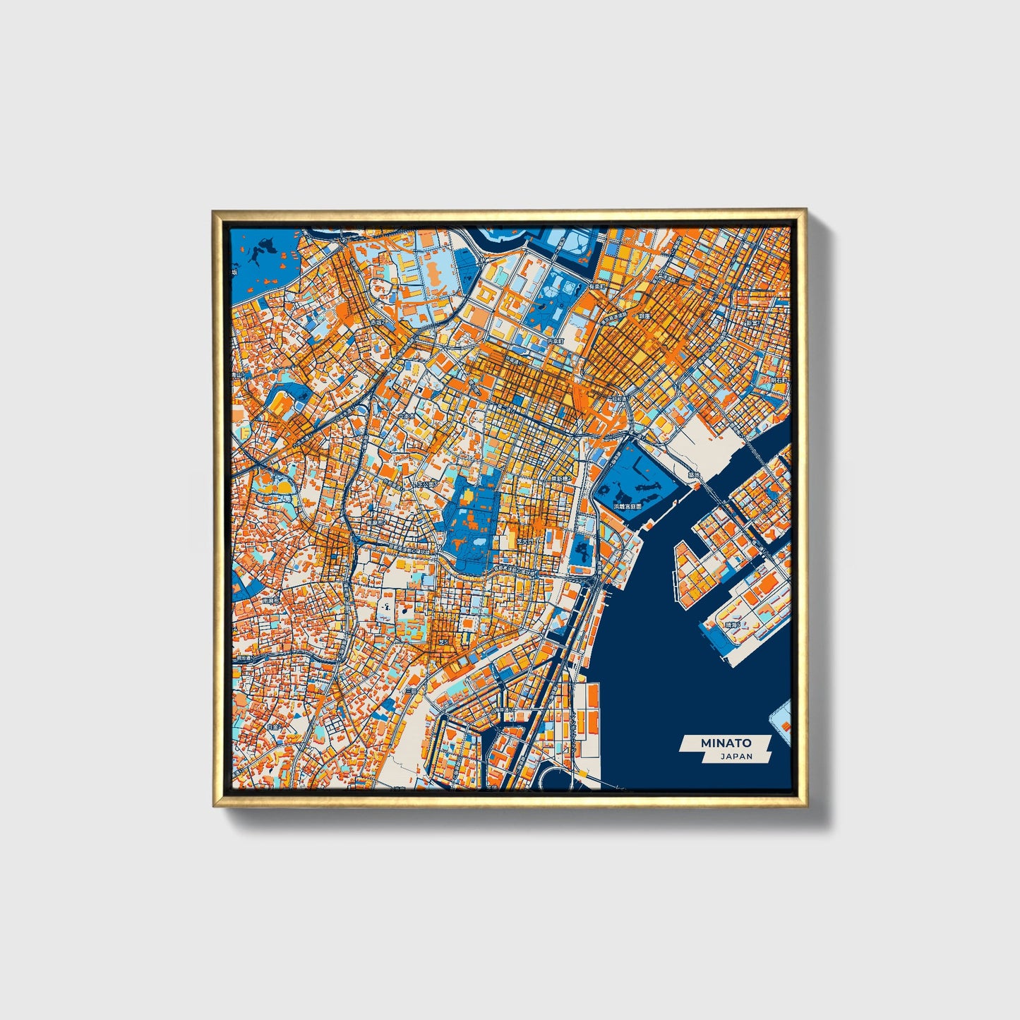 Minato Japan Colorful City Map Canvas Print • Gold Framed