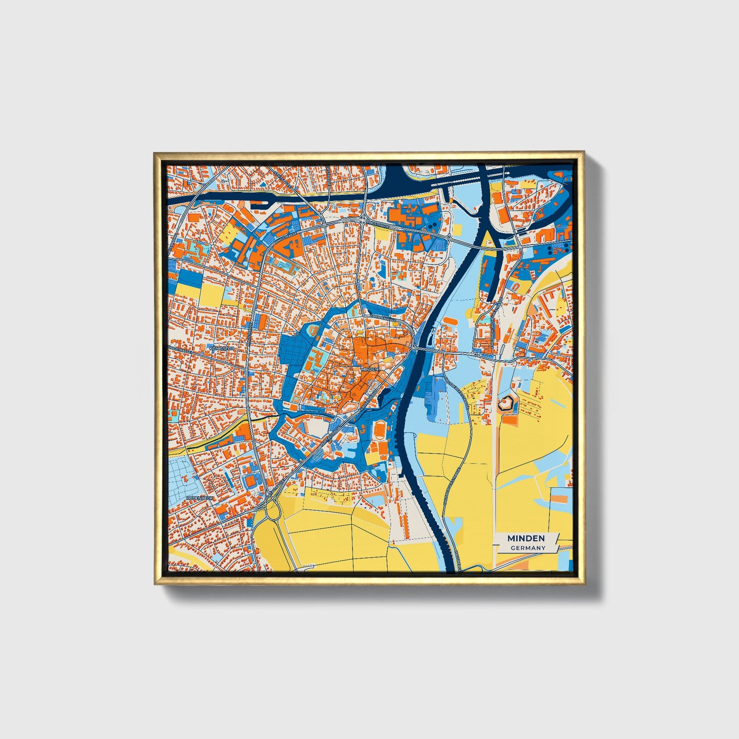 Minden Germany Colorful City Map Canvas Print • Gold Framed