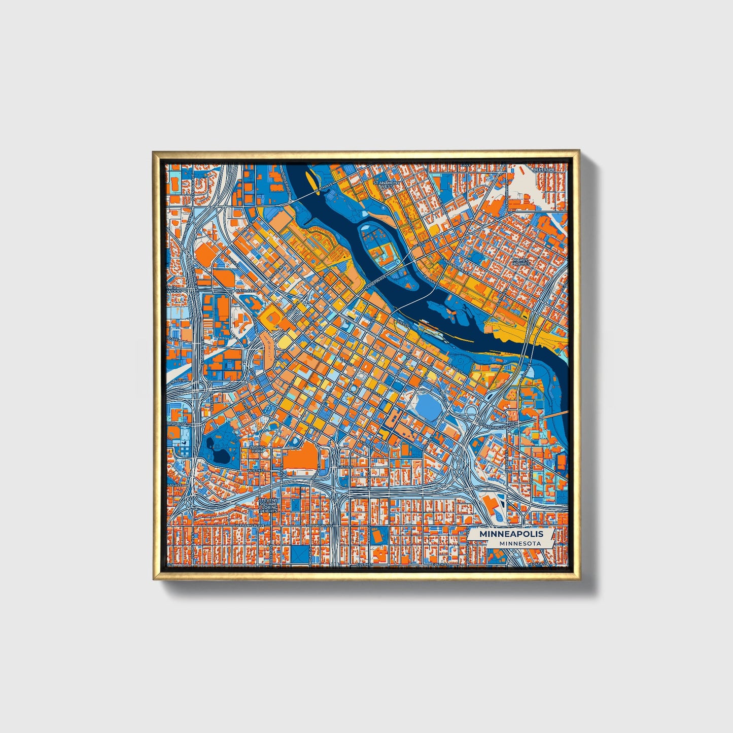 Minneapolis Minnesota Colorful City Map Canvas Print • Gold Framed