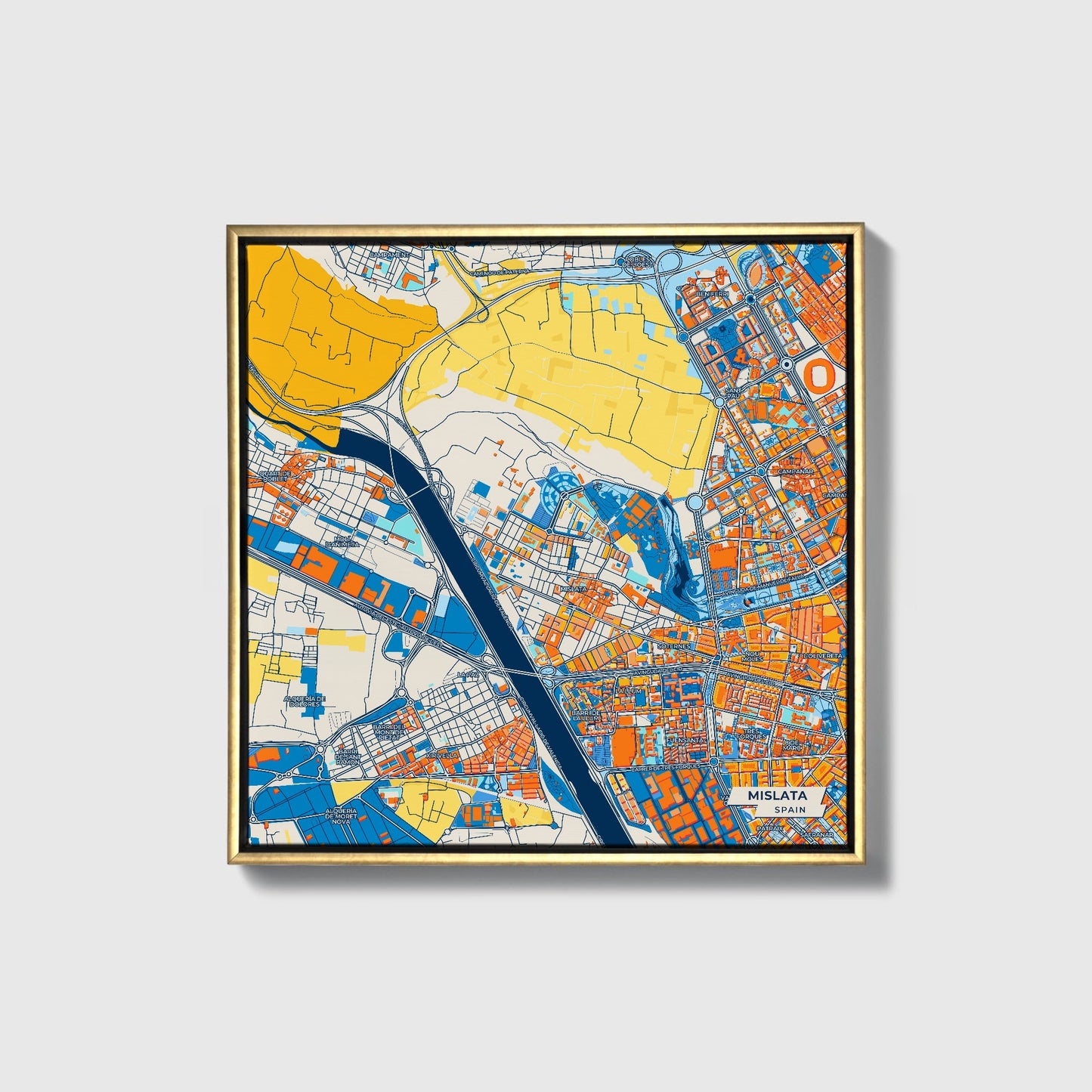 Mislata Spain Colorful City Map Canvas Print • Gold Framed