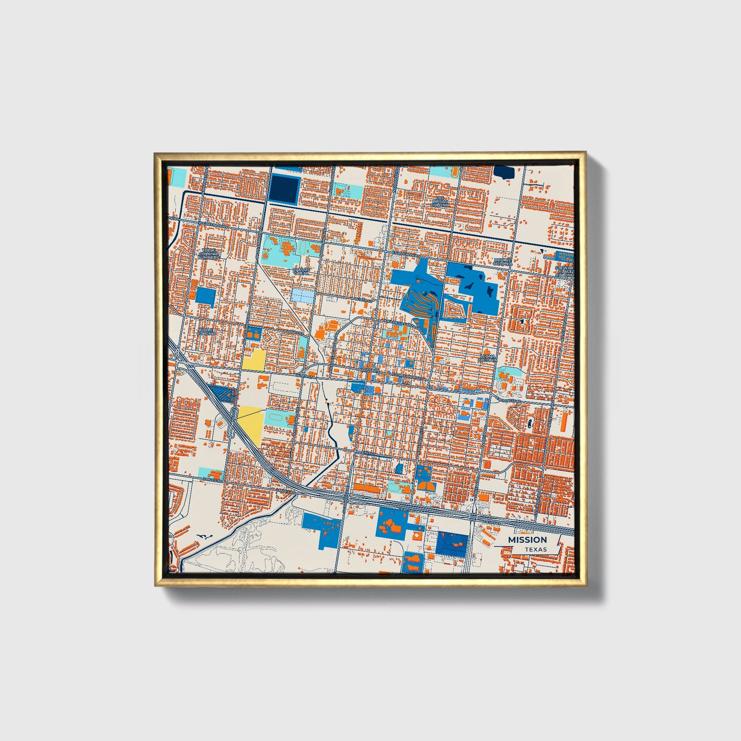 Mission Texas Colorful City Map Canvas Print • Gold Framed