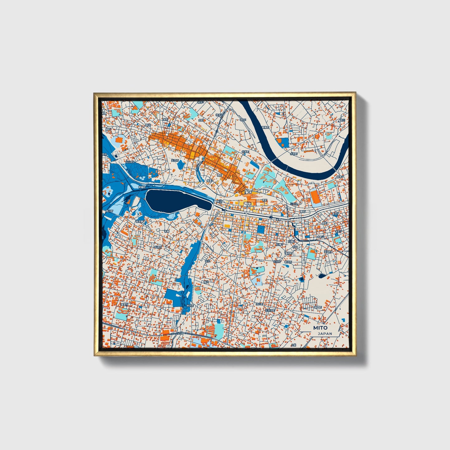 Mito Japan Colorful City Map Canvas Print • Gold Framed