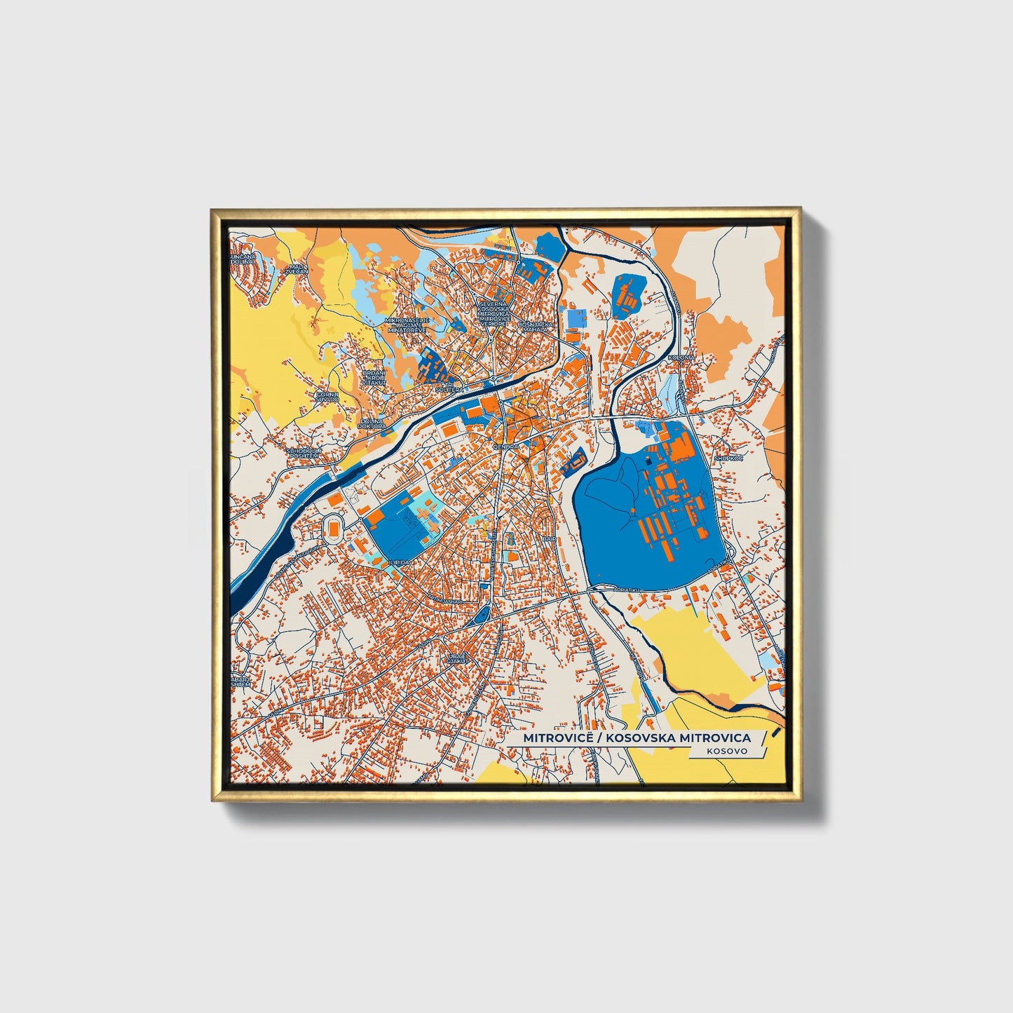 Mitrovicë Kosovo Colorful City Map Canvas Print • Gold Framed