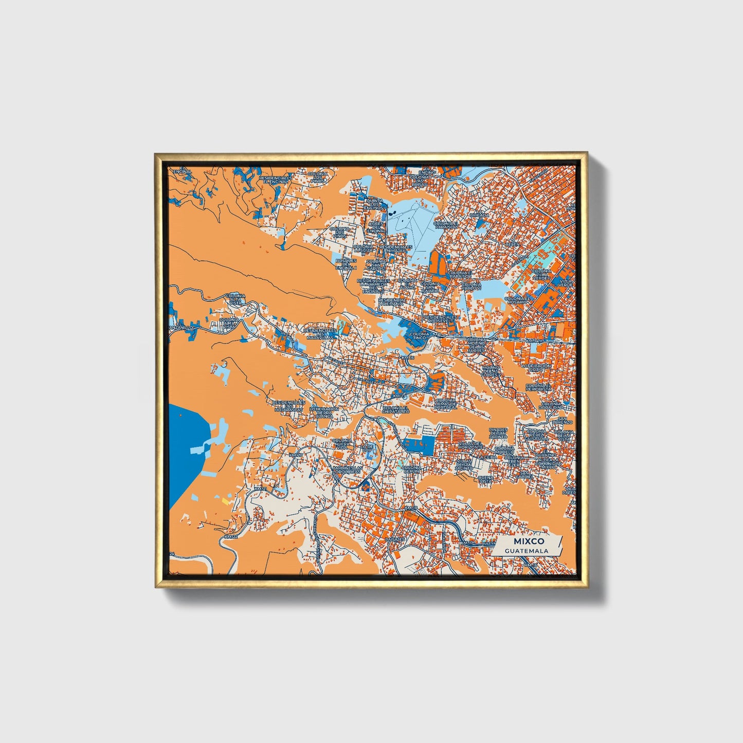 Mixco Guatemala Colorful City Map Canvas Print • Gold Framed