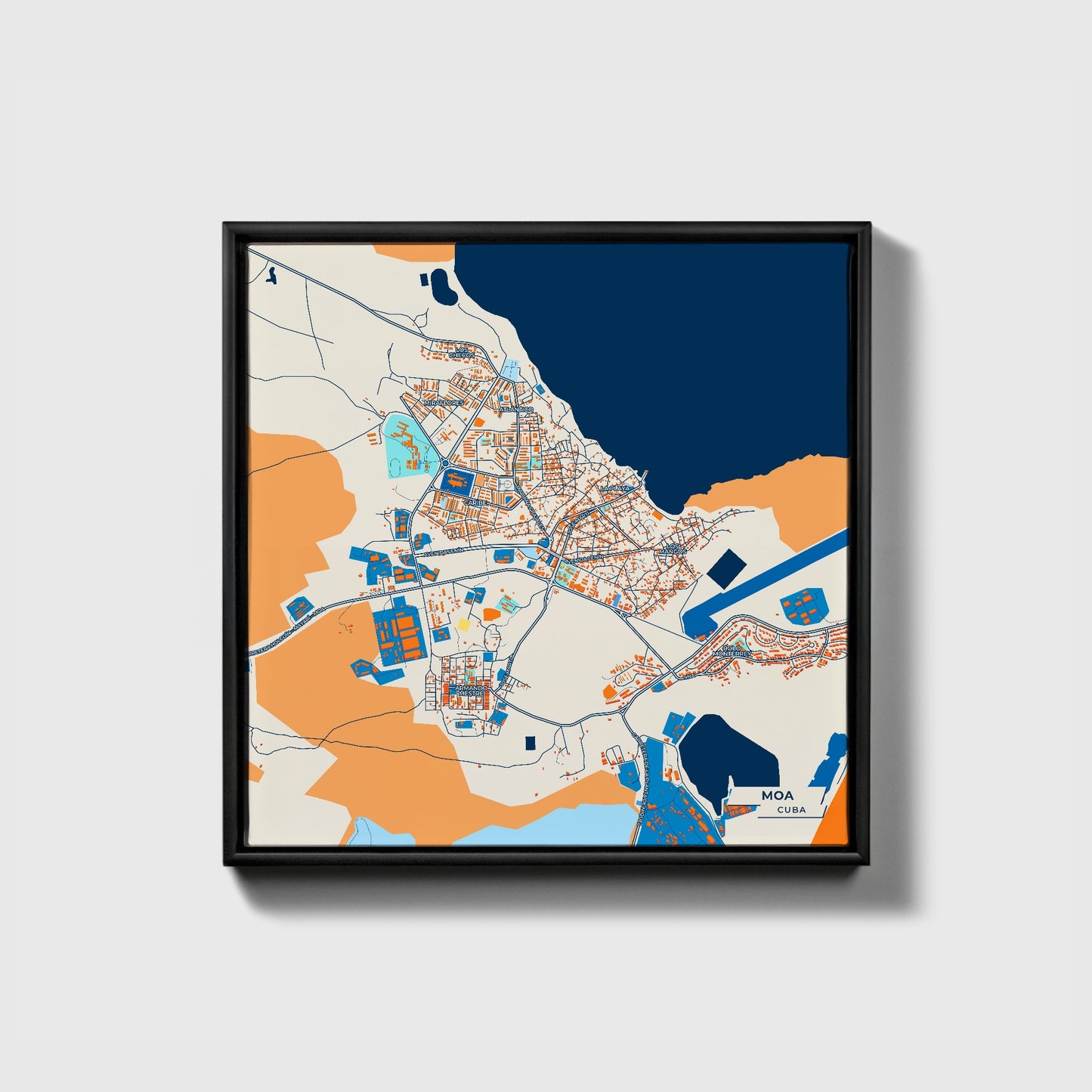 Moa Cuba Colorful City Map Canvas Print • Black Framed