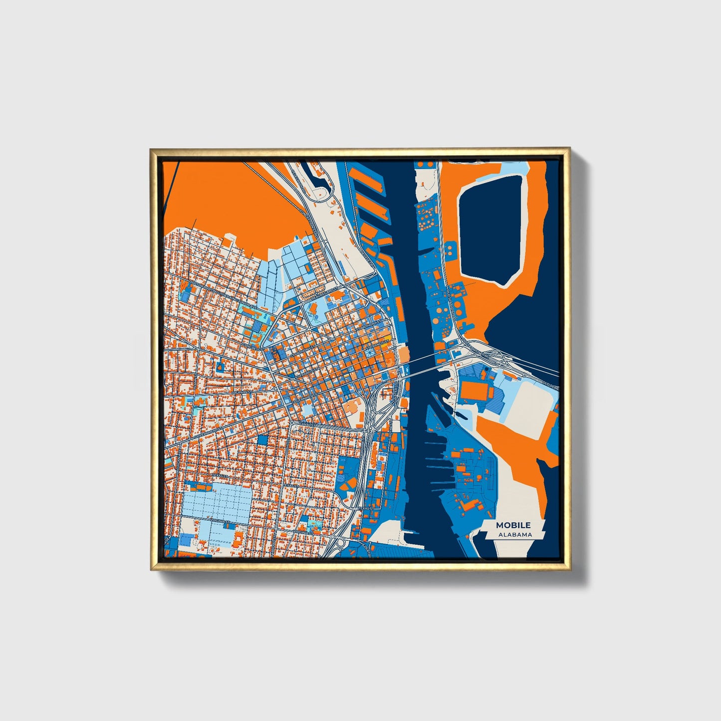 Mobile Alabama Colorful City Map Canvas Print • Gold Framed