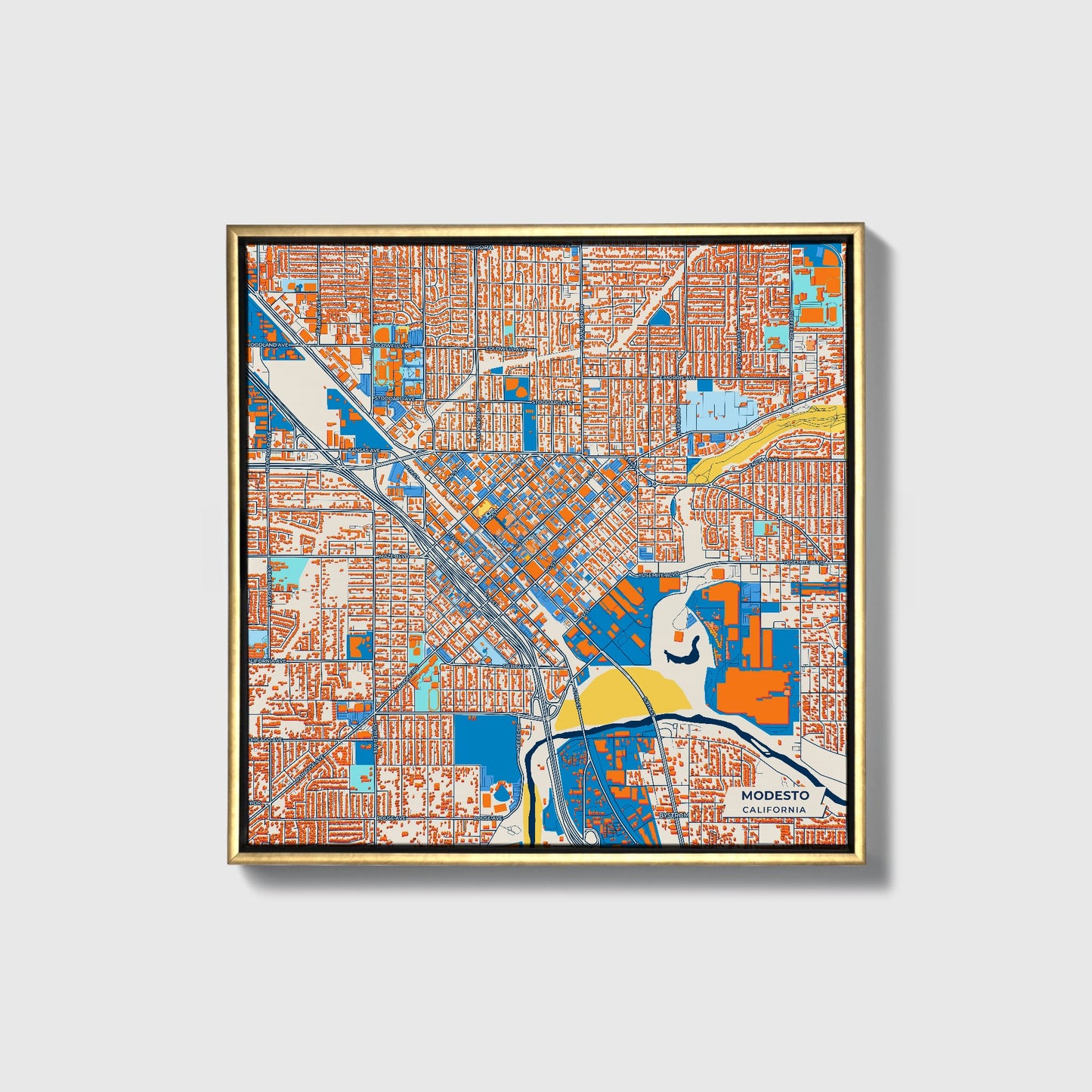 Modesto California Colorful City Map Canvas Print • Gold Framed