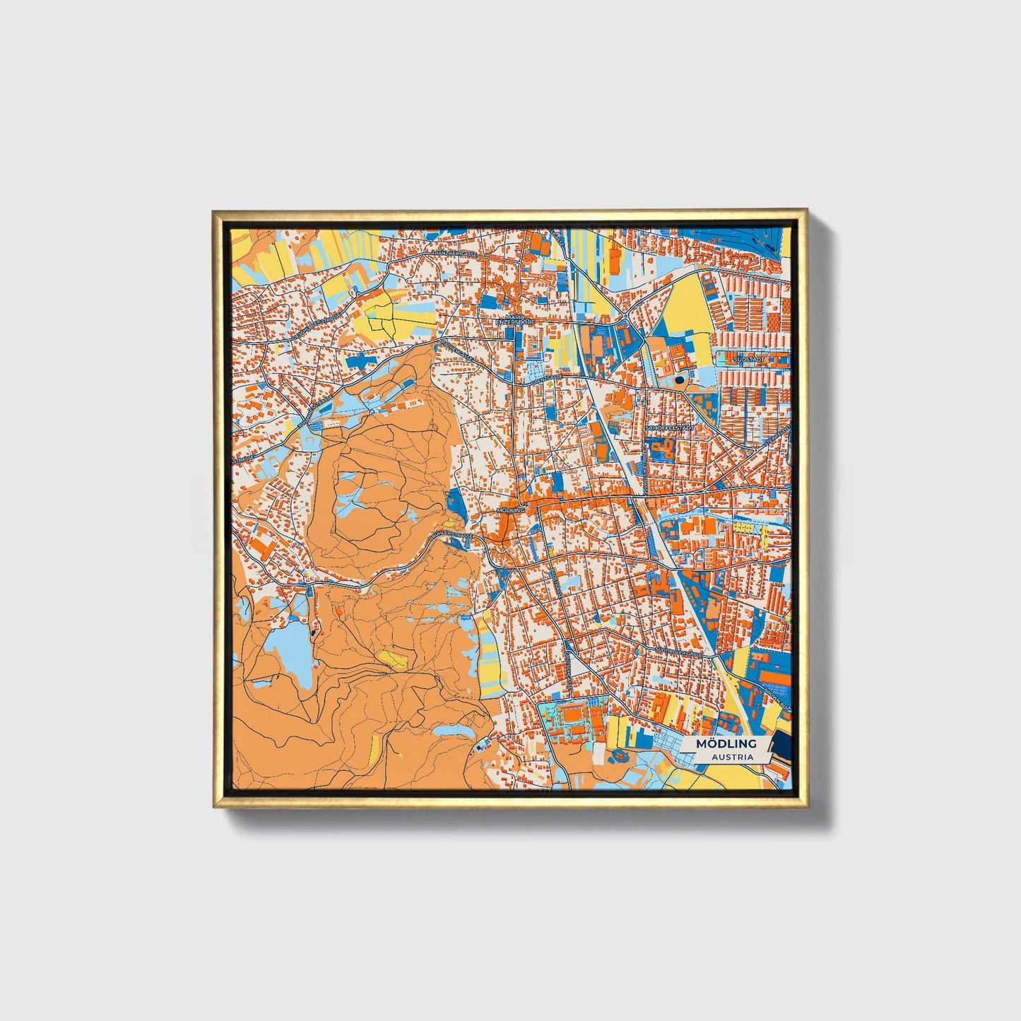 Mödling Austria Colorful City Map Canvas Print • Gold Framed