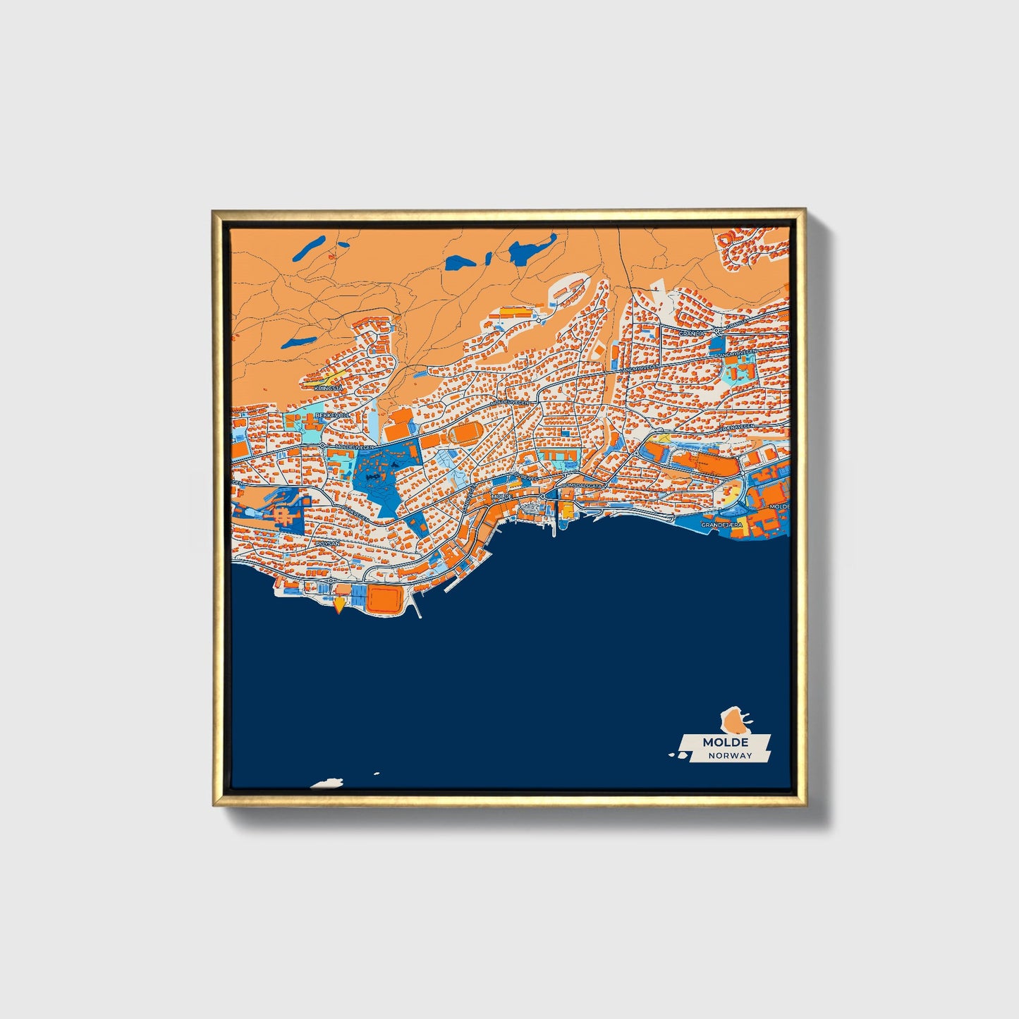 Molde Norway Colorful City Map Canvas Print • Gold Framed