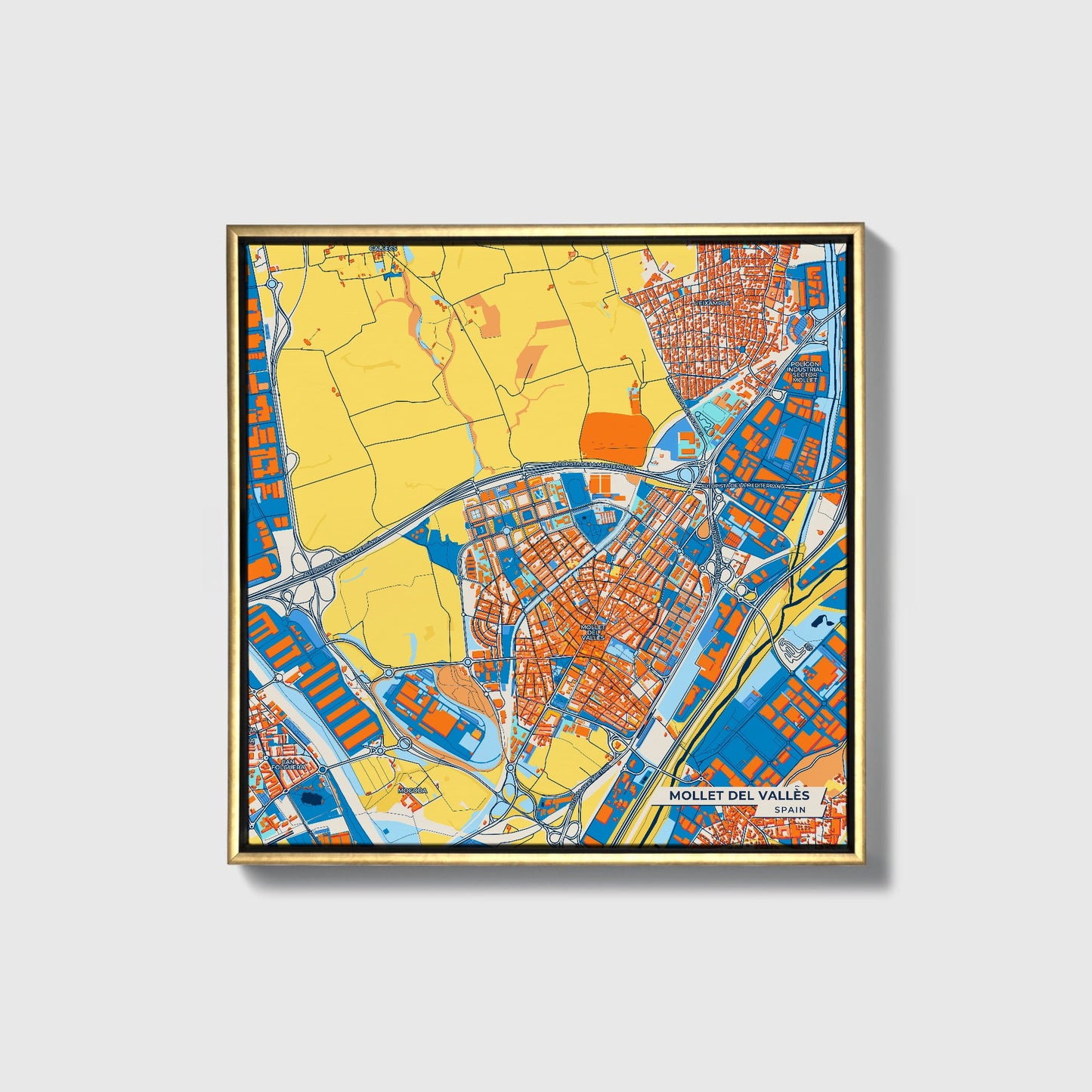Mollet Del Vallès Spain Colorful City Map Canvas Print • Gold Framed