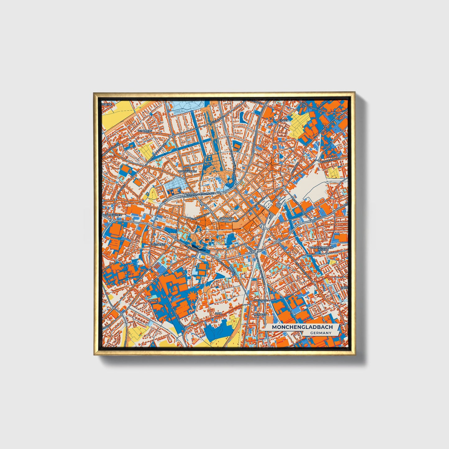 Mönchengladbach Germany Colorful City Map Canvas Print • Gold Framed