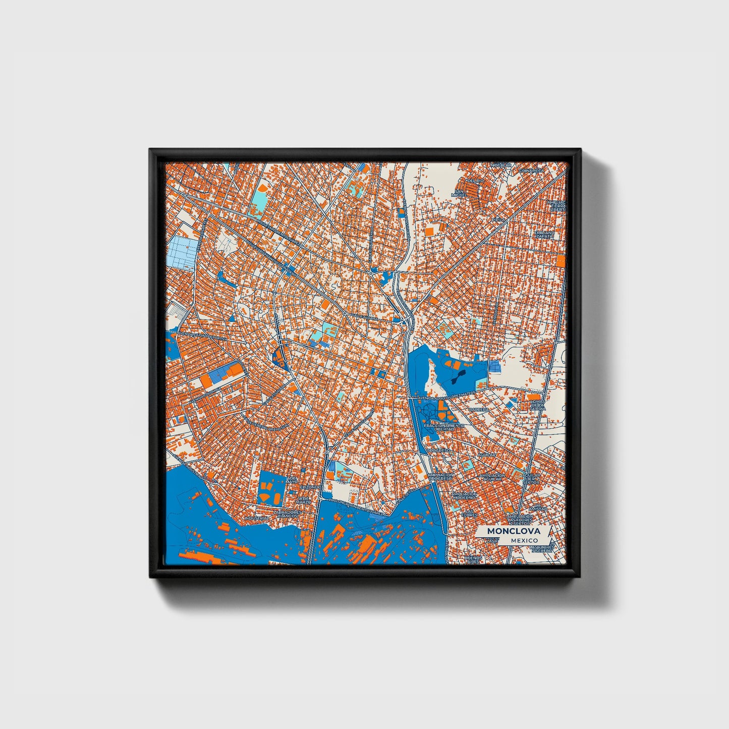 Monclova Mexico Colorful City Map Canvas Print • Black Framed