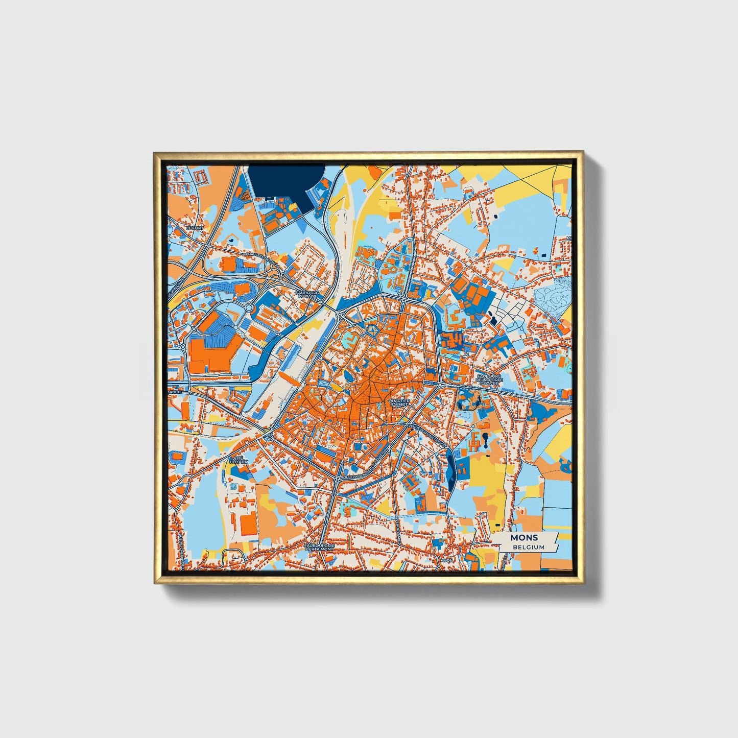 Mons Belgium Colorful City Map Canvas Print • Gold Framed