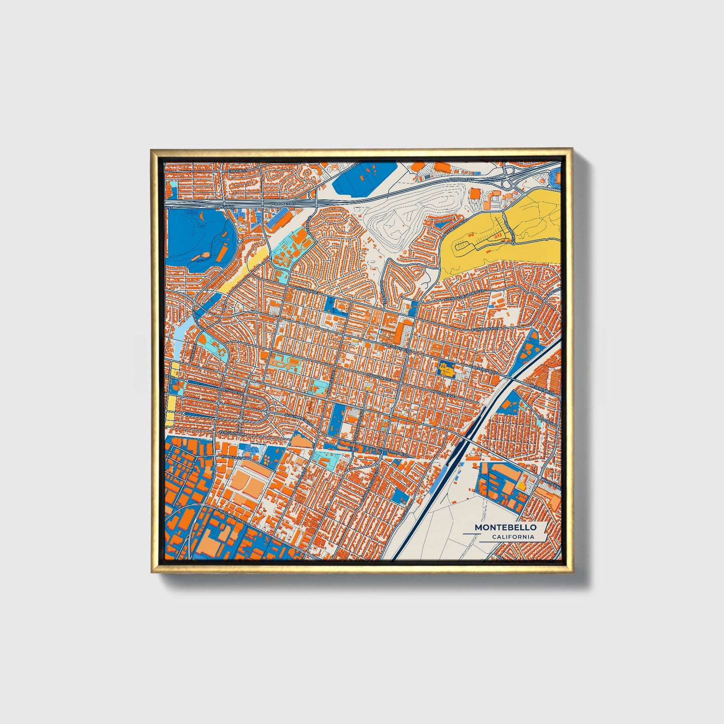 Montebello California Colorful City Map Canvas Print • Gold Framed