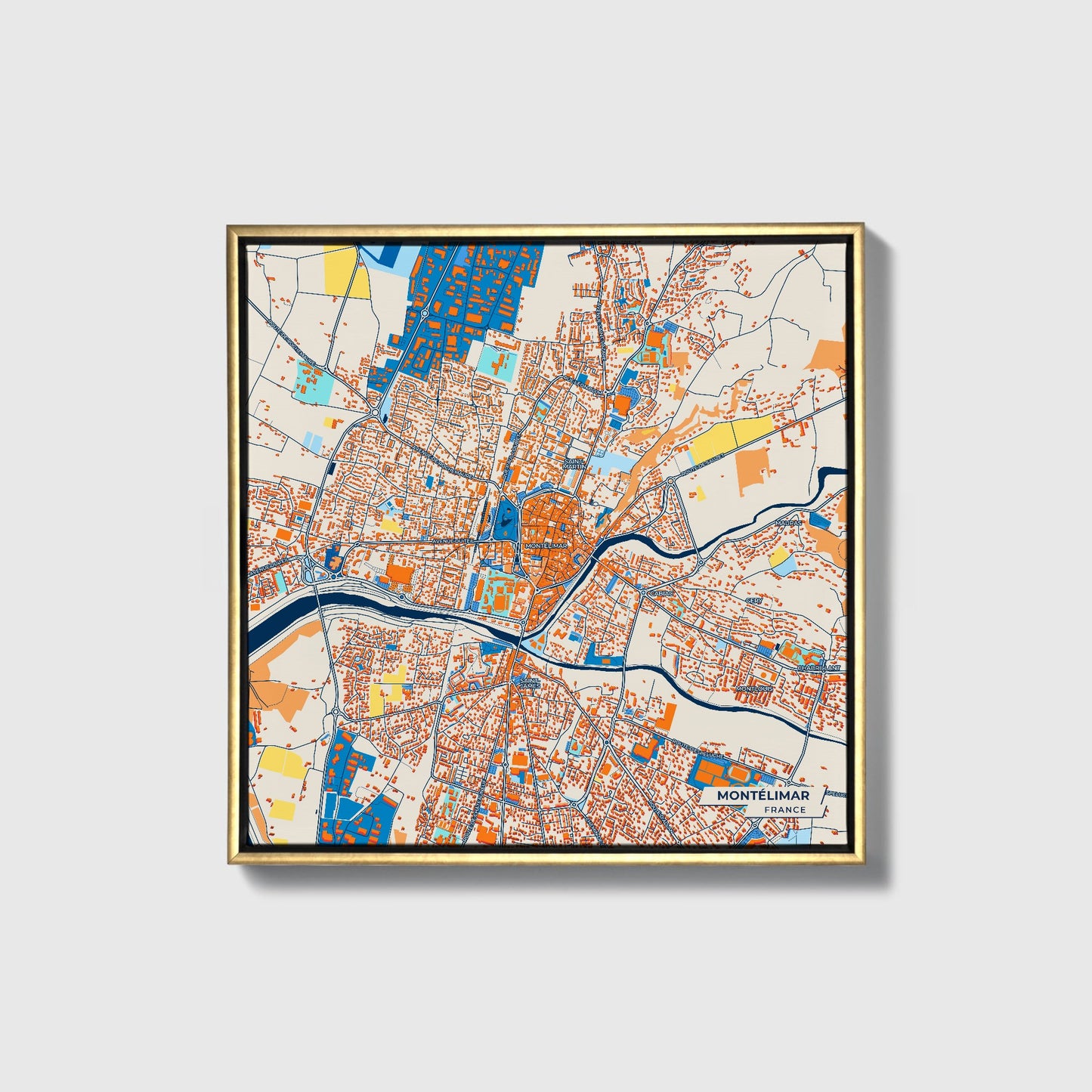 Montélimar France Colorful City Map Canvas Print • Gold Framed