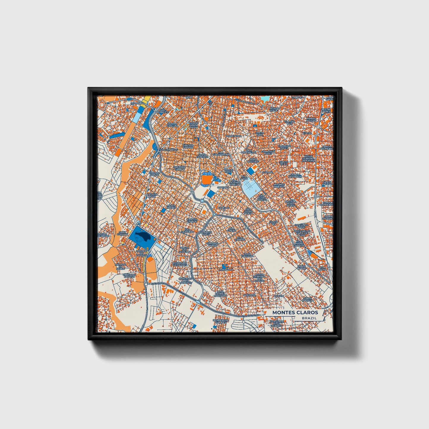 Montes Claros Brazil Colorful City Map Canvas Print • Black Framed