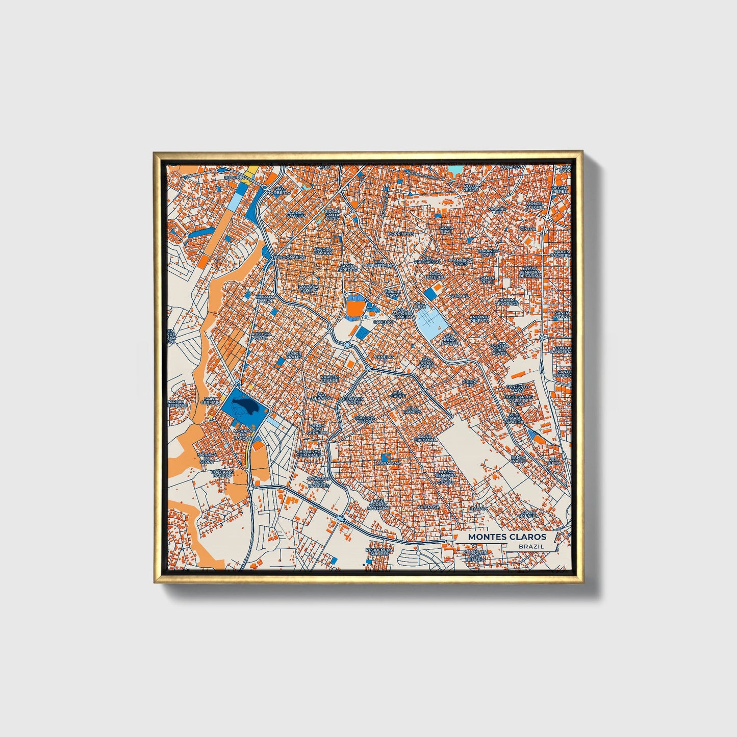 Montes Claros Brazil Colorful City Map Canvas Print • Gold Framed